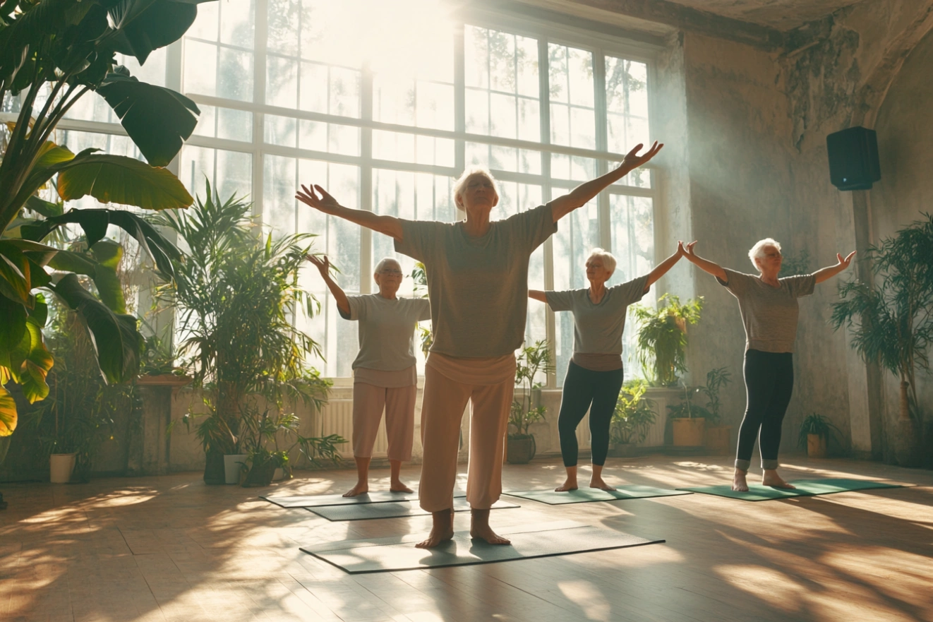 Групове заняття з йоги для старшого віку - учасники виконують позу гори