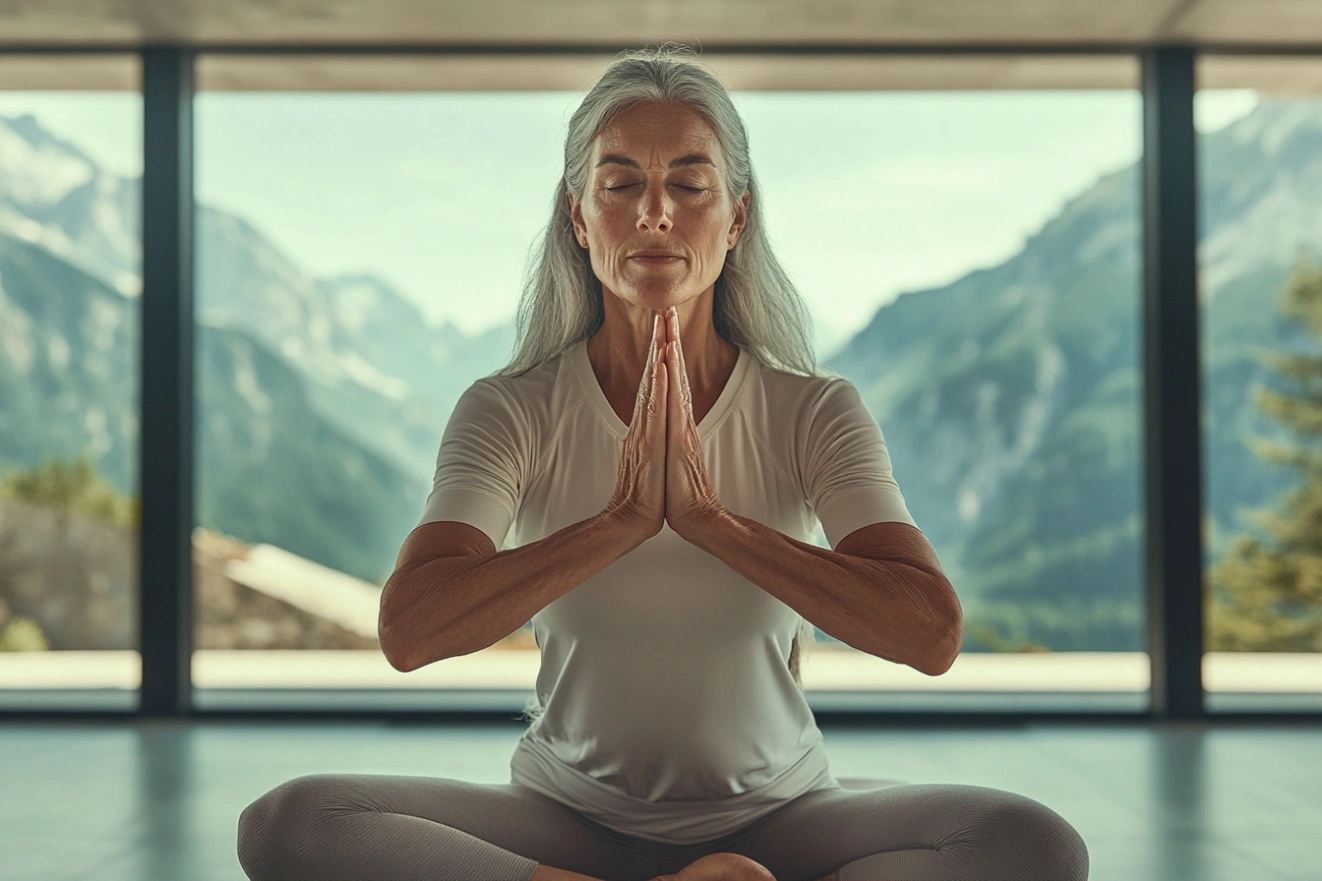 Жінка похилого віку виконує позу дерева з ідеальним балансом та зосередженістю