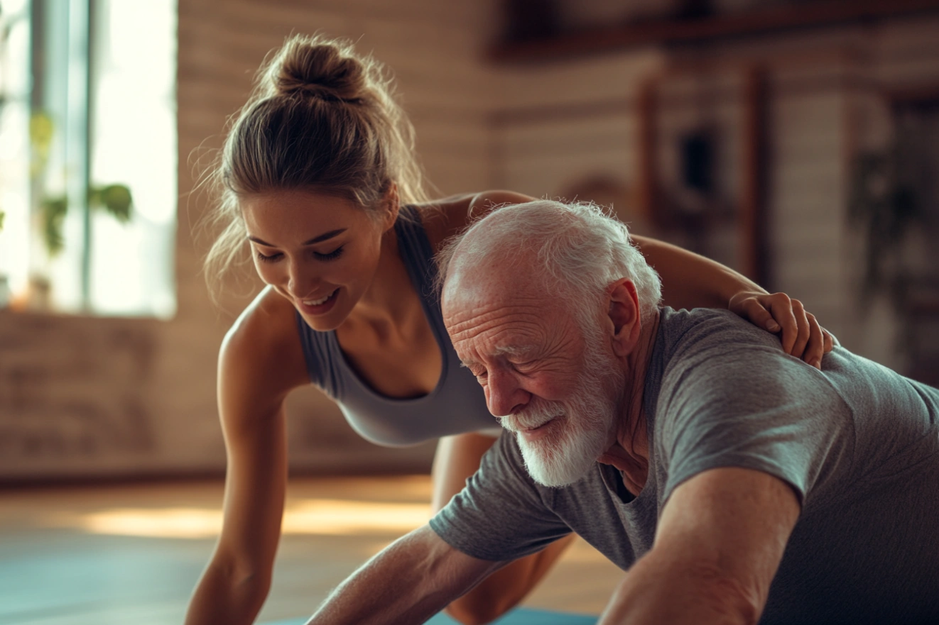 Інструктор допомагає учасниці правильно виконати асану для розтягнення спини