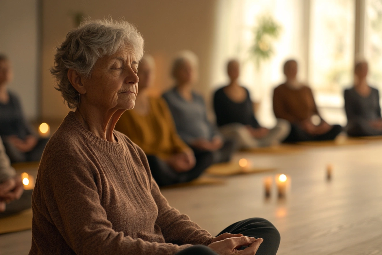 Група під час медитації у просторій залі залитій м'яким світлом