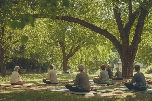 Учасники занять практикують дихальні вправи на свіжому повітрі у парку