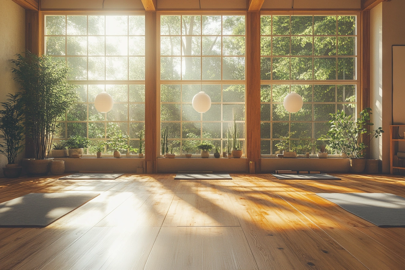 Затишна йога-студія з дерев'яною підлогою та м'яким природним освітленням