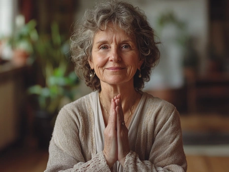 Жінка старшого віку практикує позу йоги в затишній студії